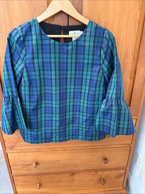 Vineyard Vines Plaid Bell-Sleeve Top in Teal and Navy